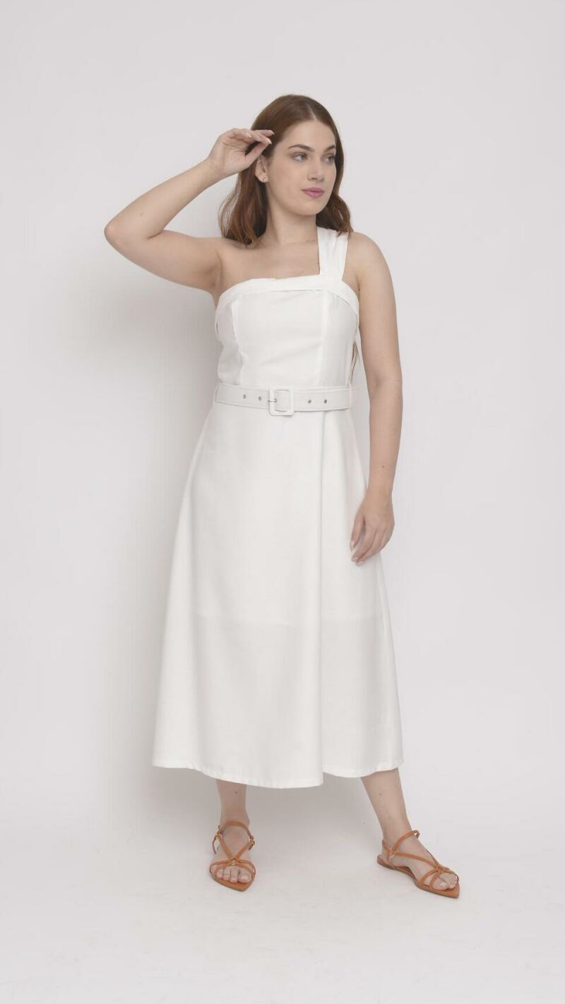 Imagem de Vestido Midi de Alfaiataria Branco com Alça Assimétrica e Corpete Estilo Princesa - Estilo Moderno e Glamouroso